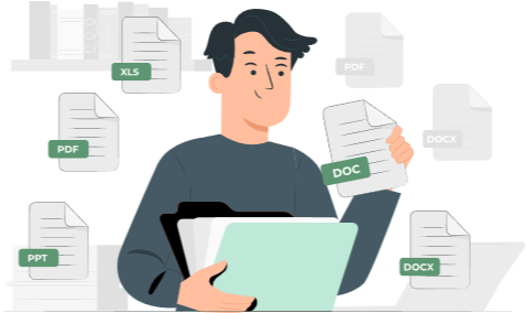 PDF, XLS, DOC 등 다양한 확장자의 파일들에 둘러싸여 서류 폴더를 정리하고 있는 남성 일러스트