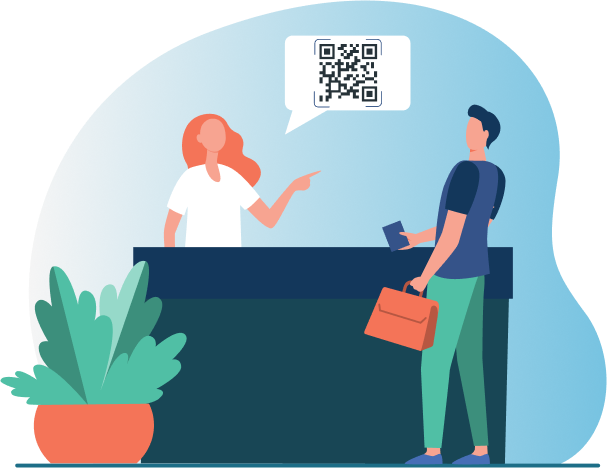 안내 데스크에서 직원이 QR 코드가 띄워진 말풍선을 가리키며 방문객의 현장 확인을 돕고 있는 일러스트